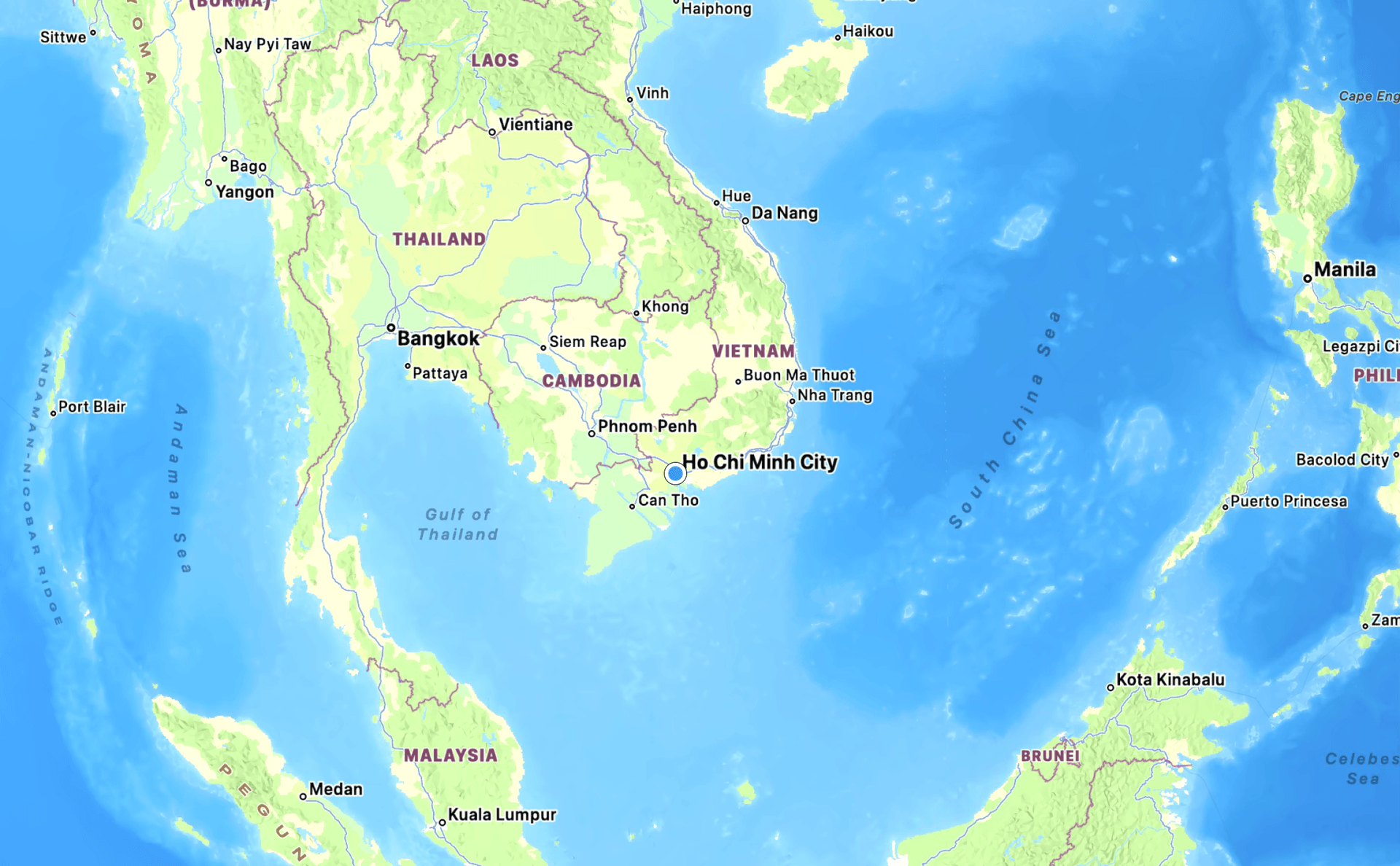 Map of Ho Chi Minh City with blue location dot in the middle